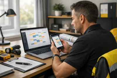 Diagnostiqueur immobilier organisant ses rendez-vous entre télétravail et terrain grâce à un planning digital et des outils connectés pour optimiser son efficacité.